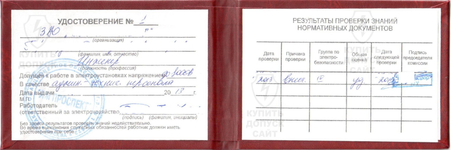 Внешний вид допуска по электробезопасности с печатью от Московского Ростехнадзора